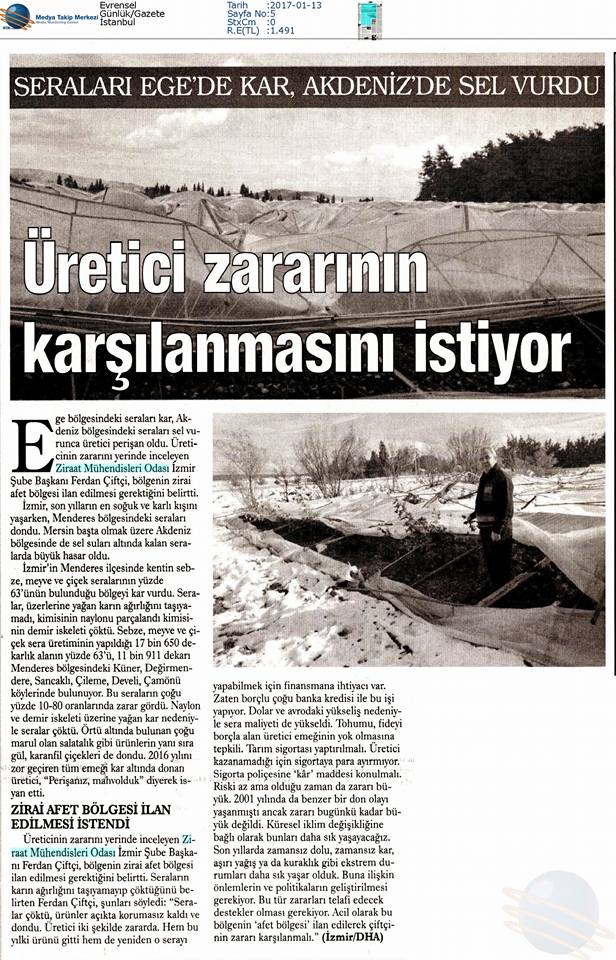 EVRENSEL GAZETESİ-SERALARI EGE`DE KAR,AKDENİZ`DE SEL VURDU