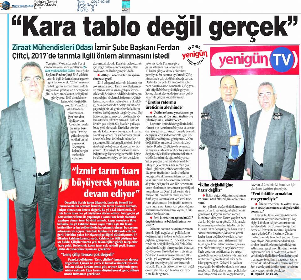 YENİGÜN GAZETESİ-2017 TARIM İÇİN ZOR BİR YIL OLACAK