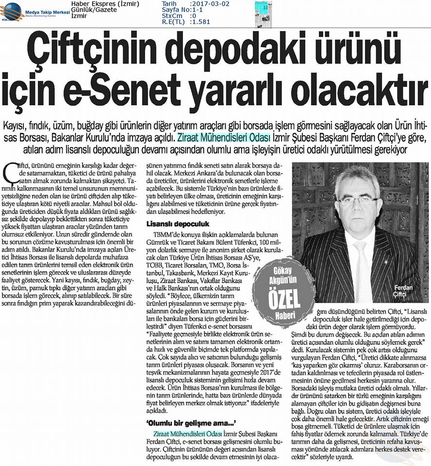 HABER EKSPRES-ÇİFTÇİNİN DEPODAKİ ÜRÜNÜ İÇİN E-SENET YARARLI OLACAK