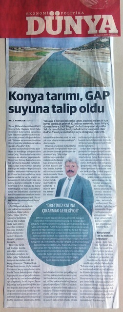 DÜNYA GAZETESİ / KONYA TARIMI, GAP SUYUNA TALİP OLDU / 28 HAZİRAN 2017