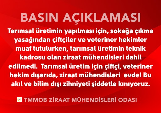BASIN AÇIKLAMASI: ZİRAAT MÜHENDİSLİĞİ MESLEĞİ DIŞLANARAK ÜLKEMİZDE TARIM VE GIDA SEKTÖRÜNÜN KALICI SORUNLARI ÇÖZÜLEMEZ