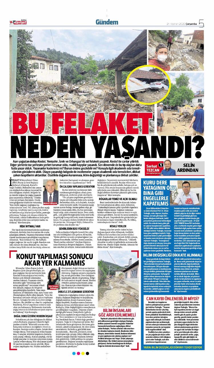 HÜRRİYET.COM.TR: ŞUBE BAŞKANIMIZ PROF. DR. ERKAN YASLIOĞLU BURSADA YAŞANILAN SEL FELAKETİ İLE İLGİLİ AÇIKLAMALARDA BULUNDU.- 24 HAZİRAN 2020