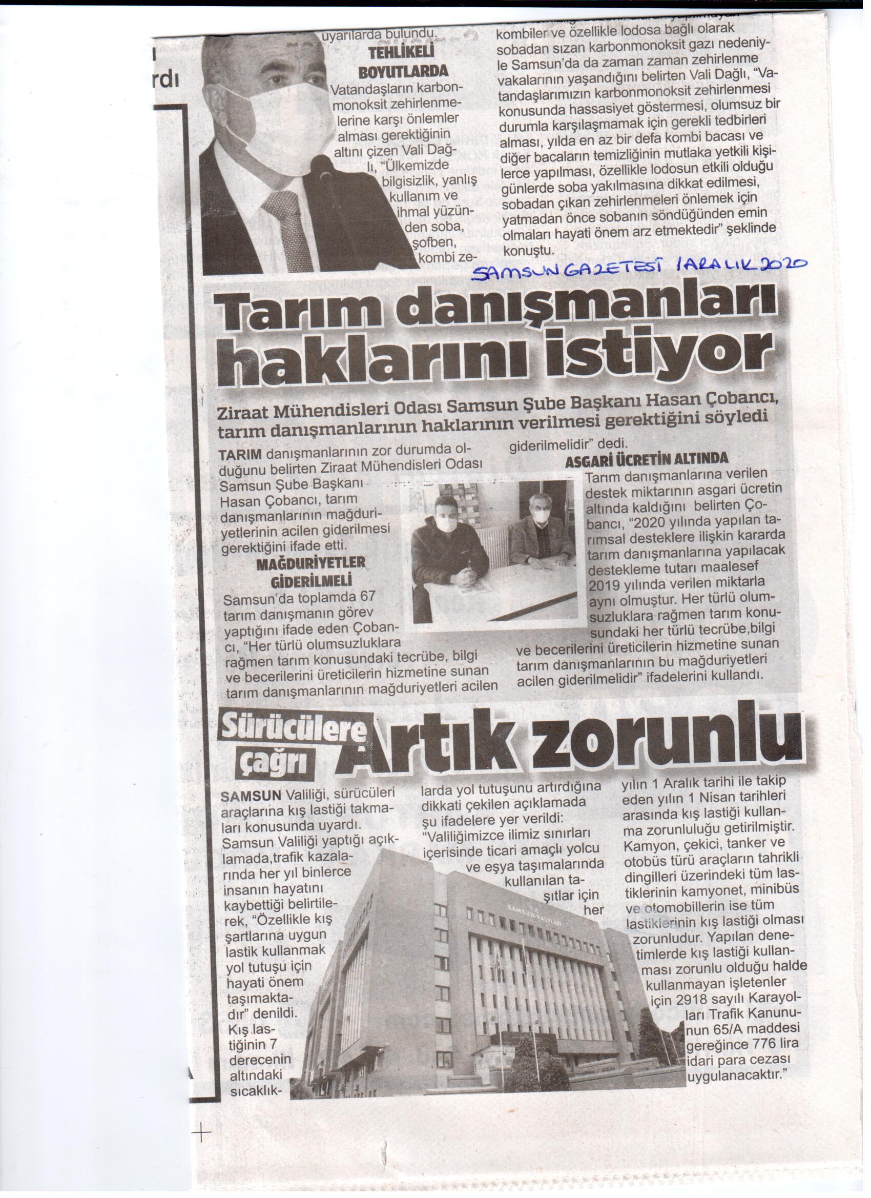 TARIM DANIŞMANLARI HAKLARINI İSTİYOR-SAMSUN GAZETESİ-1 ARALIK 2020