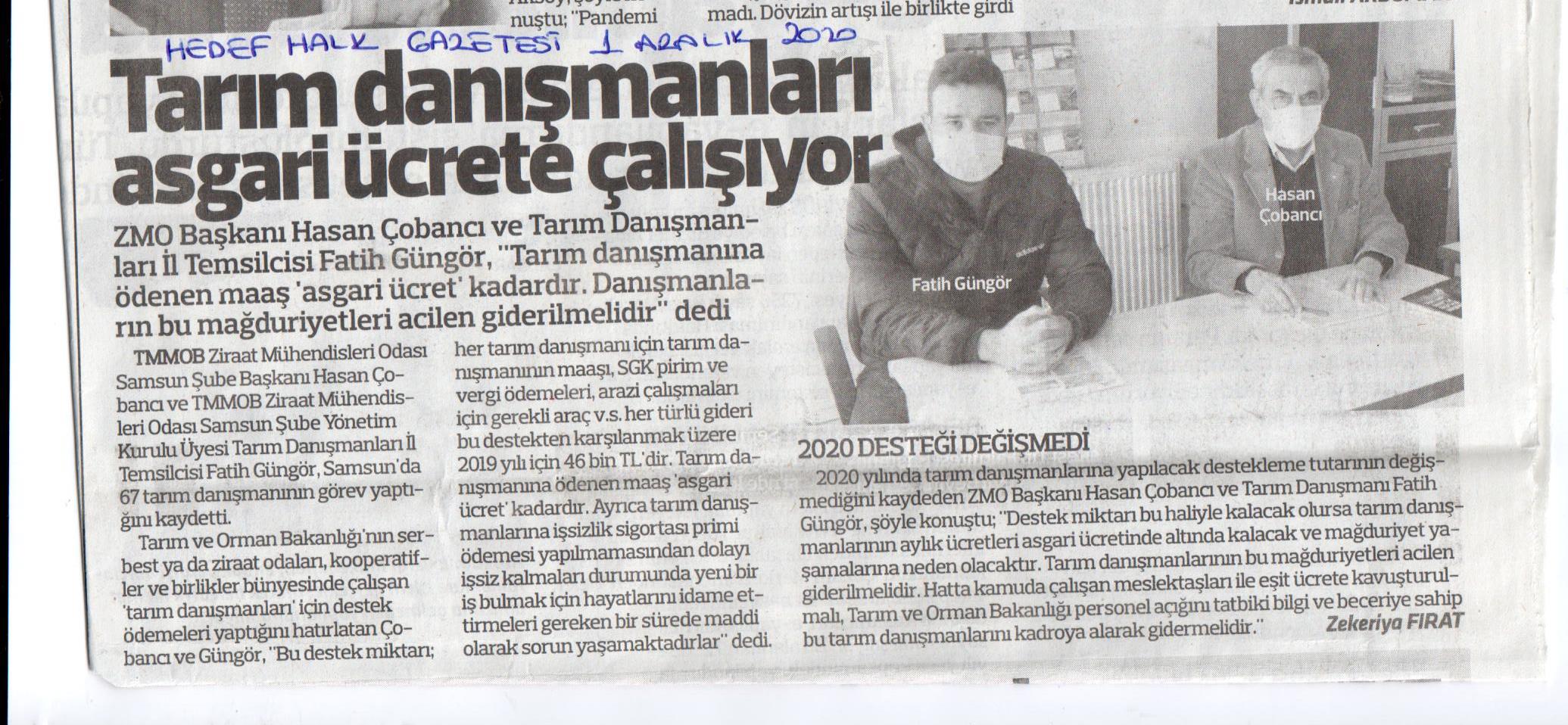 HEDEF HALK GAZETESİ: TARIM DANIŞMANLARI ASGARİ ÜCRETLE ÇALIŞIYOR-1 ARALIK 2020