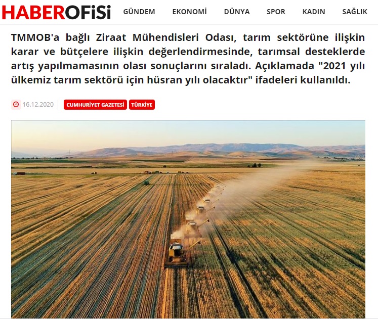 HABER OFİSİ: ZİRAAT MÜHENDİSLERİ ODASI`NDAN KORKUTAN 2021 YILINDA TARIM AÇIKLAMASI- 16 ARALIK 2020