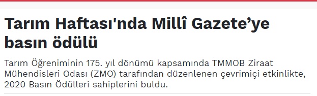 HABER TEST: TARIM HAFTASI`NDA MİLLî GAZETE'YE BASIN ÖDÜLÜ- 14 OCAK 2021