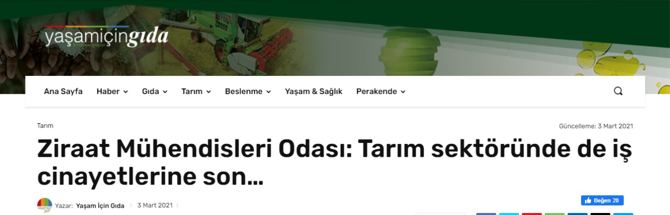YAŞAM İÇİN GIDA: ZİRAAT MÜHENDİSLERİ ODASI: TARIM SEKTÖRÜNDE DE İŞ CİNAYETLERİNE SON...- 3 MART 2021
