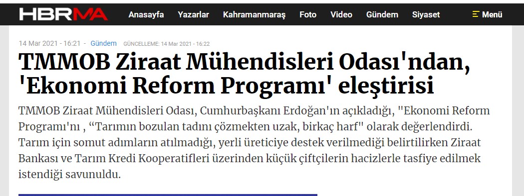 HBRMA HABER: TMMOB ZİRAAT MÜHENDİSLERİ ODASI`NDAN, `EKONOMİ REFORM PROGRAMI` ELEŞTİRİSİ- 14 MART 2021