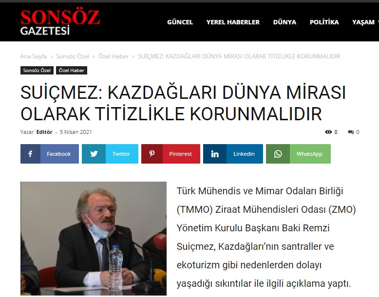 SONSÖZ.COM: SUİÇMEZ: KAZDAĞLARI DÜNYA MİRASI OLARAK TİTİZLİKLE KORUNMALIDIR- 5 NİSAN 2021