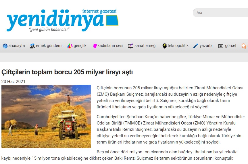 YENİDÜNYA: ÇİFTÇİLERİN TOPLAM BORCU 205 MİLYAR LİRAYI AŞTI- 23 HAZİRAN 2021
