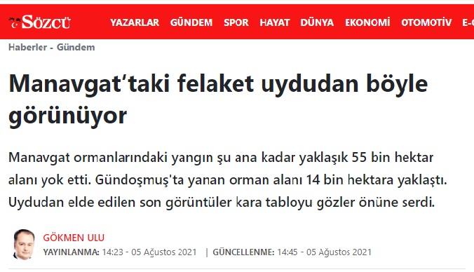 SÖZCÜ GAZETESİ: MANAVGAT'TAKİ FELAKET UYDUDAN BÖYLE GÖRÜNÜYOR- 05 AĞUSTOS 2021