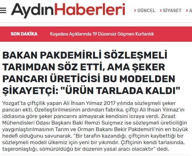 AYDİNHABERLERİ.COM: BAKAN PAKDEMİRLİ SÖZLEŞMELİ TARIMDAN SÖZ ETTİ, AMA ŞEKER PANCARI ÜRETİCİSİ BU MODELDEN ŞİKAYETÇİ: "ÜRÜN TARLADA KALDI"- 19 AĞUSTOS 2021