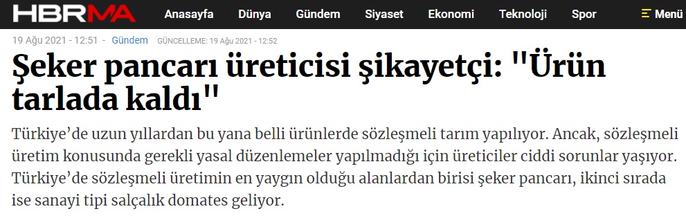 HBRMA.COM: ŞEKER PANCARI ÜRETİCİSİ ŞİKAYETÇİ: "ÜRÜN TARLADA KALDI"- 19 AĞUSTOS 2021