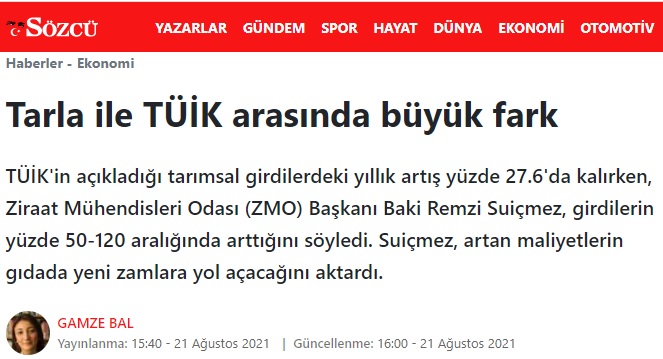 SÖZCÜ GAZETESİ: TARLA İLE TÜİK ARASINDA BÜYÜK FARK- 21 AĞUSTOS 2021