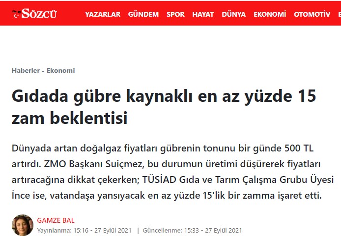 SÖZCÜ GAZETESİ: GIDADA GÜBRE KAYNAKLI EN AZ YÜZDE 15 ZAM BEKLENTİSİ- 27 EYLÜL 2021