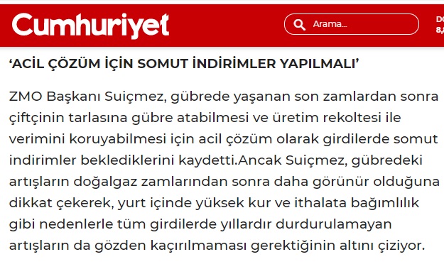 CUMHURİYET GAZETESİ: ÜRETİMİ DÜŞECEK FİYATLAR ARTACAK: YÜZDE 15 ZAM BEKLENTİSİ- 27 EYLÜL 2021