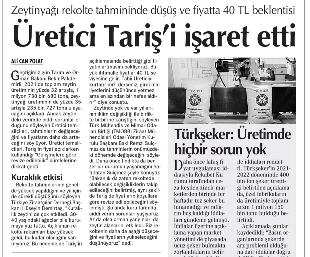 CUMHURİYET GAZETESİ: ZEYTİNYAĞI REKOLTE TAHMİNİNDE DÜŞÜŞ VE FİYATTA 40 TL BEKLENTİSİ- 15 KASIM 2021