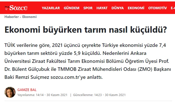 SÖZCÜ GAZETESİ: EKONOMİ BÜYÜRKEN TARIM NASIL KÜÇÜLDÜ?- 30 KASIM 2021