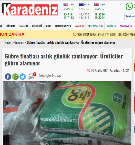 KARADENİZ GAZETESİ: GÜBRE FİYATLARI ARTIK GÜNLÜK ZAMLANIYOR: ÜRETİCİLER GÜBRE ALAMIYOR- 6 ARALIK 2021