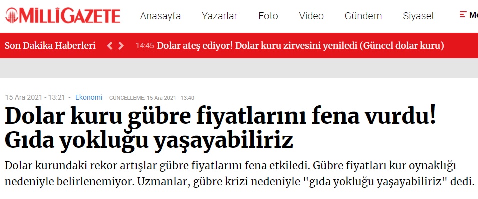 MİLLİ GAZETE: DOLAR KURU GÜBRE FİYATLARINI FENA VURDU! GIDA YOKLUĞU YAŞAYABİLİRİZ- 15 ARALIK 2021