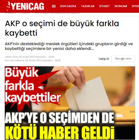 YENİÇAĞ GAZETESİ: AKP O SEÇİMİ DE BÜYÜK FARKLA KAYBETTİ- 20 ARALIK 2021