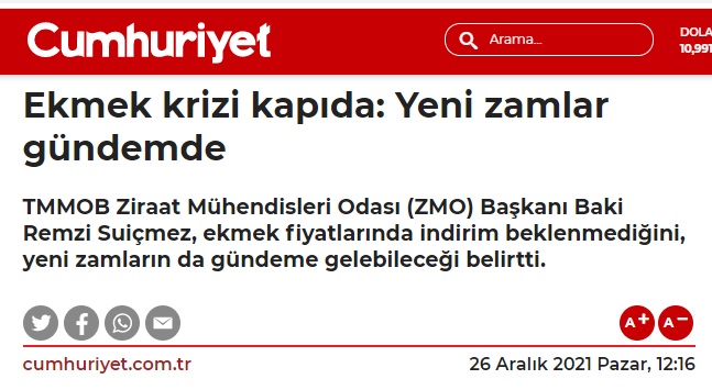 CUMHURİYET GAZETESİ: EKMEK KRİZİ KAPIDA: YENİ ZAMLAR GÜNDEMDE- 26 ARALIK 2021