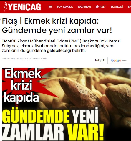 YENİÇAĞ GAZETESİ: FLAŞ | EKMEK KRİZİ KAPIDA: GÜNDEMDE YENİ ZAMLAR VAR!- 26 ARALIK 2021