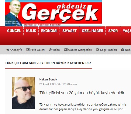 AKDENİZ GERÇEK GAZETESİ: TÜRK ÇİFTÇİSİ SON 20 YILIN EN BÜYÜK KAYBEDENİDİR- 26 ARALIK 2021