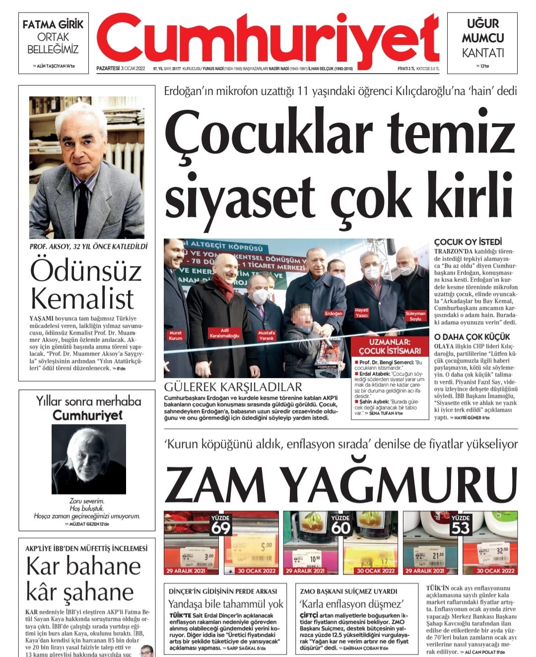 CUMHURİYET GAZETESİ: ZİRAAT MÜHENDİSLERİ ODASI BAŞKANI BAKİ REMZİ SUİÇMEZ: KARLA GIDA ENFLASYONU DÜŞMEZ'- 31 OCAK 2022