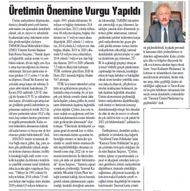 HASATTÜRK GAZETESİ: ÜRETİMİN ÖNEMİNE VURGU YAPILDI- 1-31 OCAK 2022