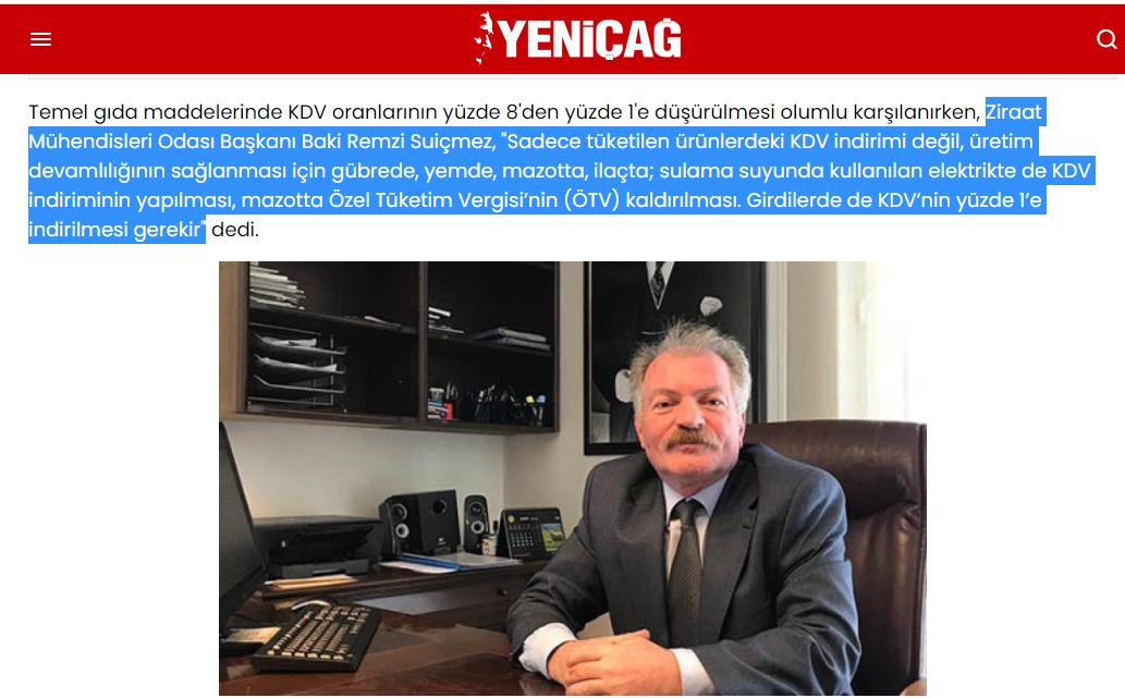 YENİÇAĞ GAZETESİ: ZİRAAT MÜHENDİSLERİ ODASI'NDAN KDV TALEBİ- 13 ŞUBAT 2022