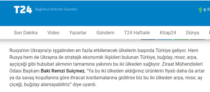 T24: "RUSYA-UKRAYNA SAVAŞI AYÇİÇEĞİ YAĞ FİYATLARINI ARTIRACAK"- 25 ŞUBAT 2022