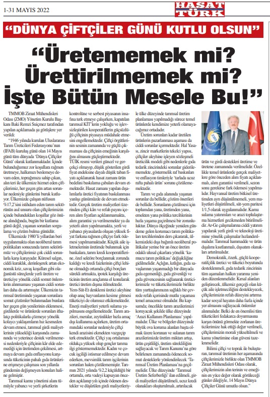HASATTÜRK GAZETESİ: "ÜRETEMEMEK Mİ? ÜRETTİRİLMEMEK Mİ? İŞTE  BÜTÜN MESELE BU!"- 1/31 MAYIS 2022