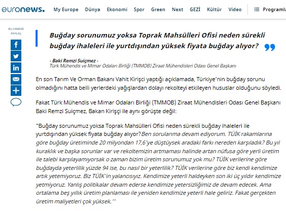 EURONEWS: TÜRKİYE BUĞDAY ÜRETİMİNDE KENDİ KENDİNE YETİYOR MU?- 26 MAYIS 2022