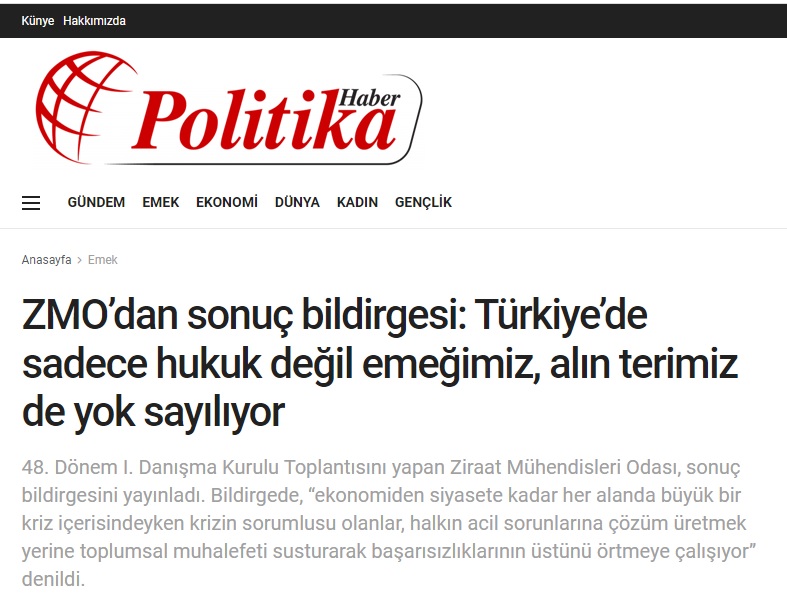 POLİTİKA HABER: ZMO'DAN SONUÇ BİLDİRGESİ: TÜRKİYE'DE SADECE HUKUK DEĞİL EMEĞİMİZ, ALIN TERİMİZ DE YOK SAYILIYOR- 27 MAYIS 2022