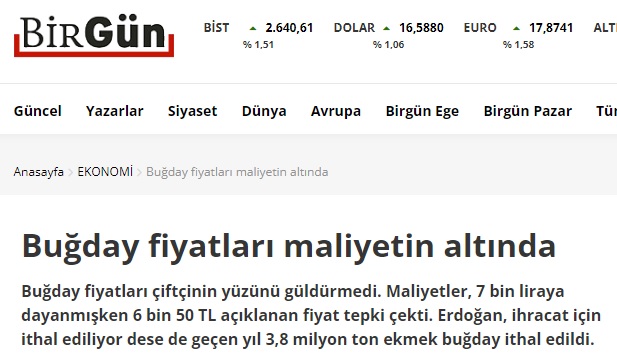 BİRGÜN GAZETESİ: BUĞDAY FİYATLARI MALİYETİN ALTINDA- 6 HAZİRAN 2022