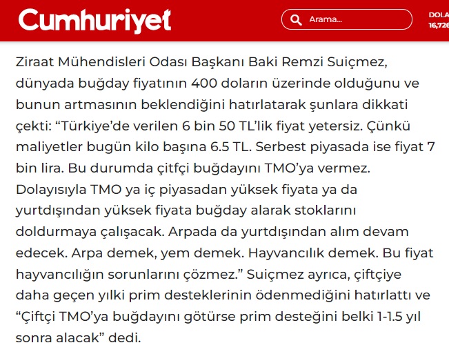 CUMHURİYET GAZETESİ: İKTİDAR BUĞDAYA MALİYET KADAR FİYAT ÖNEREREK ÜRETİCİYİ ÇIKMAZA SOKTU- 7 HAZİRAN 2022