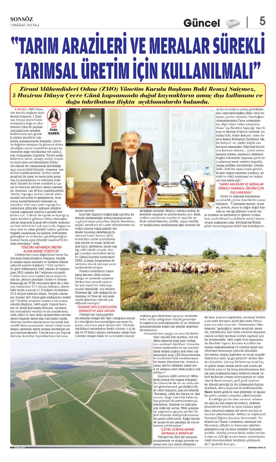 SONSÖZ GAZETESİ: "TARIM ARAZİLERİ VE MERALAR SÜREKLİ TARIMSAL ÜRETİM İÇİN KULLANILMALI"- 7 HAZİRAN 2022