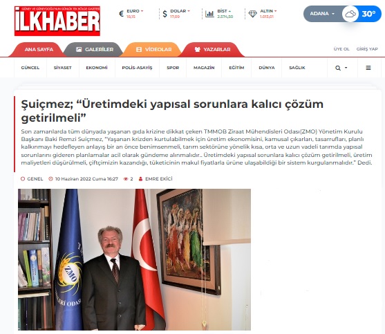 İLKHABER GAZETESİ: SUİÇMEZ; "ÜRETİMDEKİ YAPISAL SORUNLARA KALICI ÇÖZÜM GETİRİLMELİ"- 10 HAZİRAN 2022