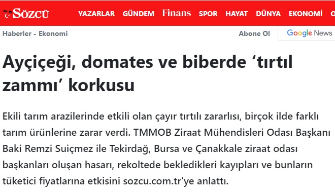 SÖZCÜ GAZETESİ: AYÇİÇEĞİ, DOMATES VE BİBERDE TIRTIL ZAMMI' KORKUSU-23 TEMMUZ 2022