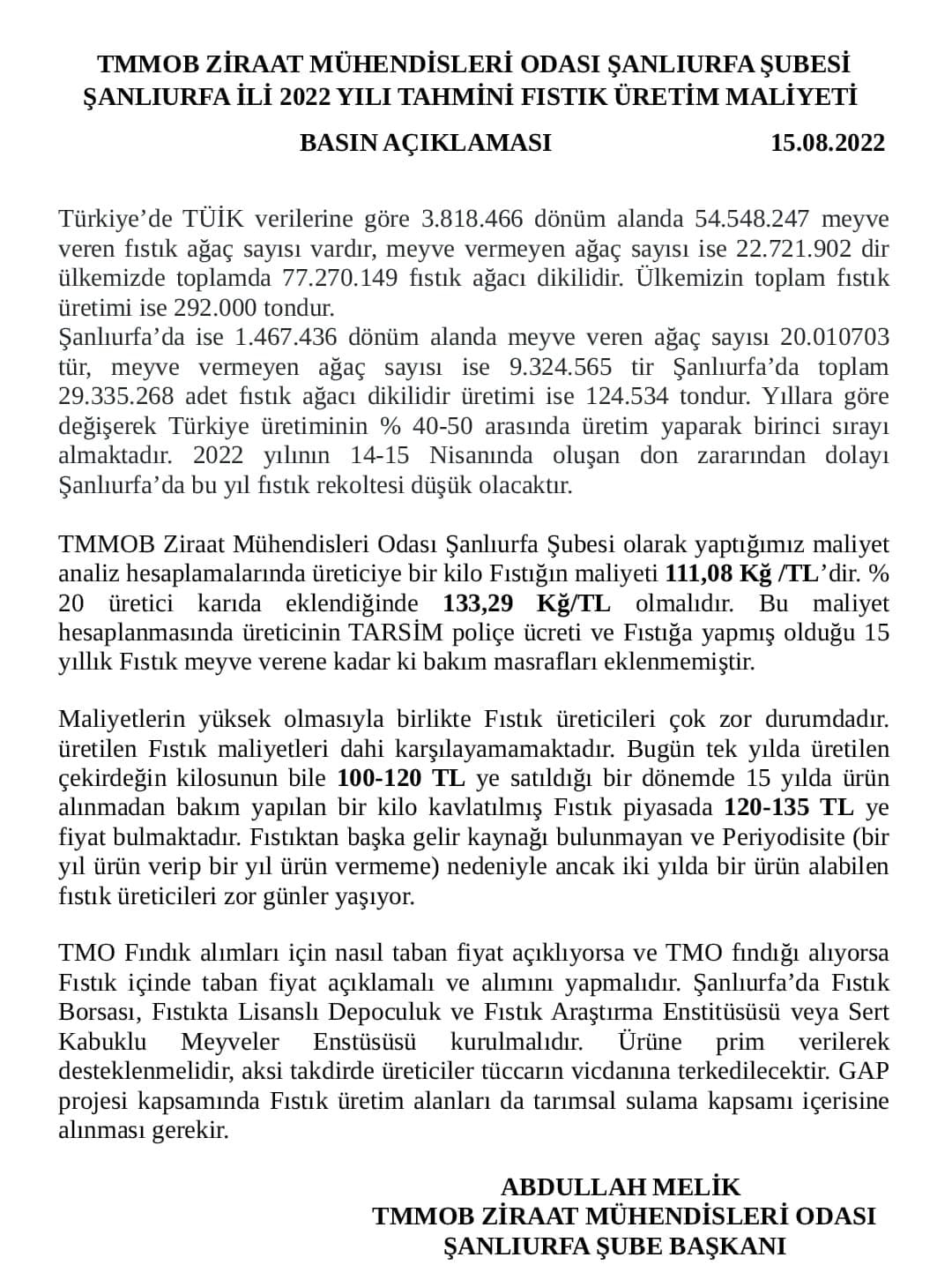 ŞANLIURFA İLİ 2022 YILI FISTIK MALİYET HESAPLAMA BASIN AÇIKLAMASI