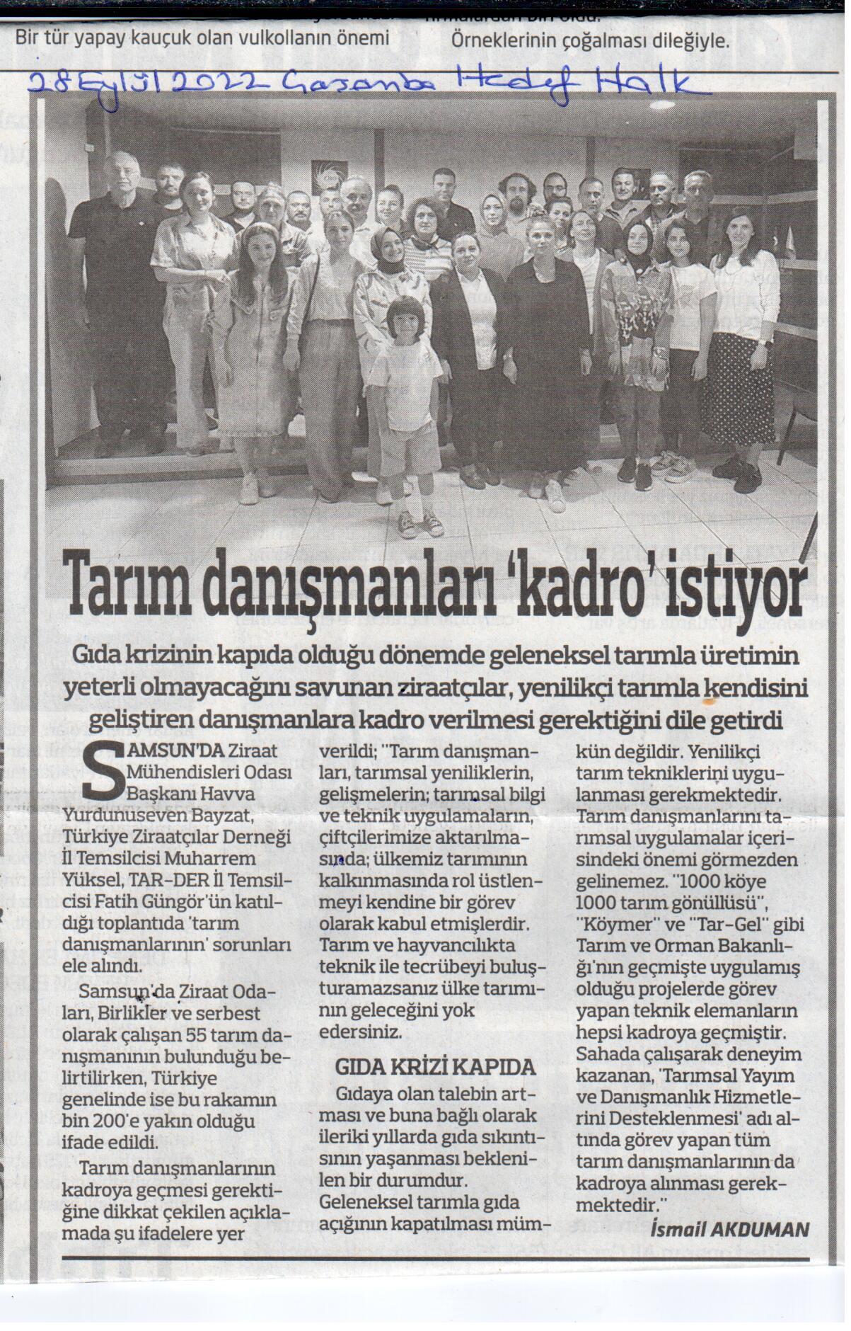 HEDEF HALK GAZETESİ: TARIM DANIŞMANLARI KADRO İSTİYOR-28 EYLÜL 2022 