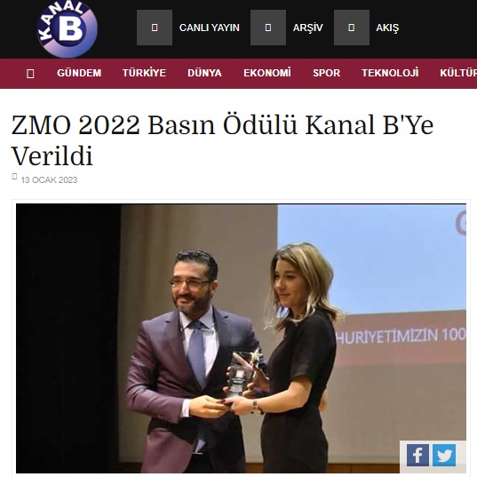 KANAL B: ZMO 2022 BASIN ÖDÜLÜ KANAL B`YE VERİLDİ- 13 OCAK 2023