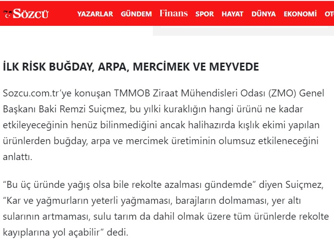 SÖZCÜ GAZETESİ: GIDA FİYATLARINDA KURAKLIK ZAMMI RİSKİ-24 OCAK 2023
