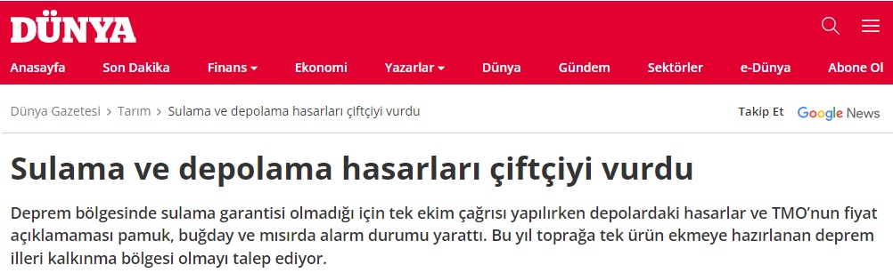 DÜNYA GAZETESİ: SULAMA VE DEPOLAMA HASARLARI ÇİFTÇİYİ VURDU- 24 NİSAN 2023