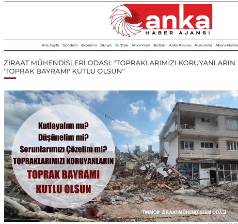 ANKA HABER AJANSI: ZİRAAT MÜHENDİSLERİ ODASI: "TOPRAKLARIMIZI KORUYANLARIN `TOPRAK BAYRAMI` KUTLU OLSUN"- 20 HAZİRAN 2023