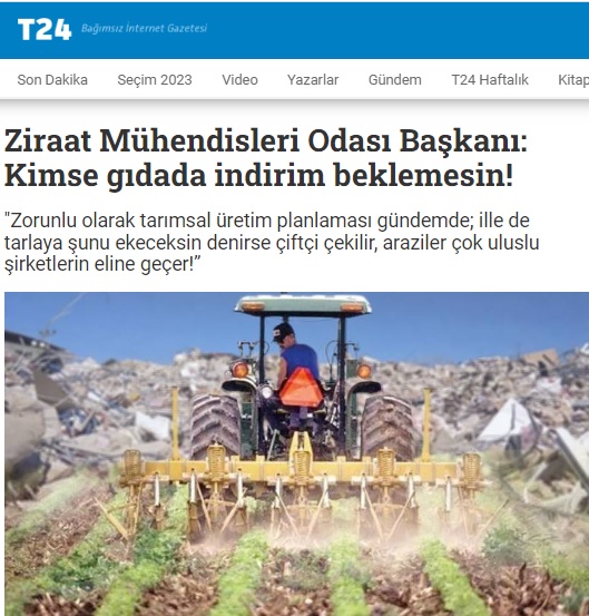 T24.COM: ZİRAAT MÜHENDİSLERİ ODASI BAŞKANI: KİMSE GIDADA İNDİRİM BEKLEMESİN!- 11 EKİM 2023