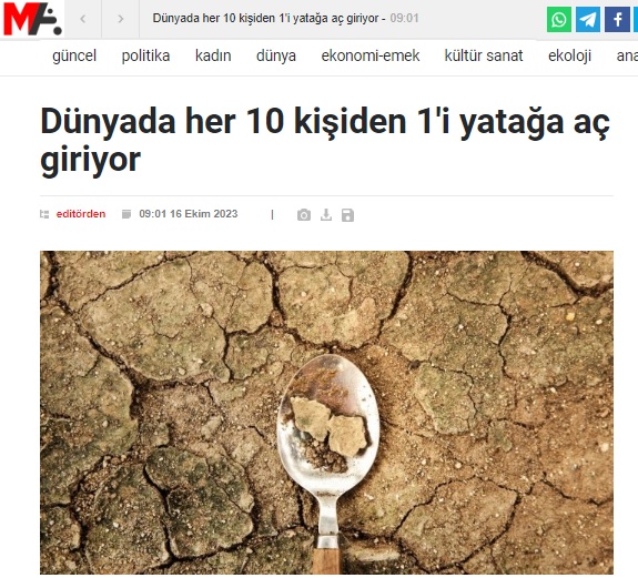 MEZOPOTAMYA AJANS: DÜNYADA HER 10 KİŞİDEN 1`İ YATAĞA AÇ GİRİYOR- 16 EKİM 2023