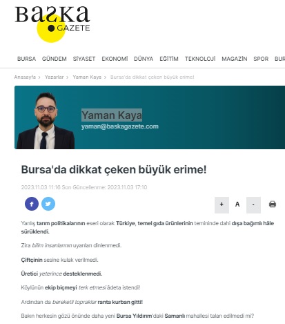 BAŞKA GAZETE: BURSA`DA DİKKAT ÇEKEN BÜYÜK ERİME! 03 KASIM 2023
