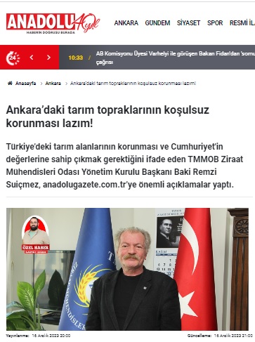 ANADOLU GAZETE: ANKARA'DAKİ TARIM TOPRAKLARININ KOŞULSUZ KORUNMASI LAZIM!- 16 ARALIK 2023